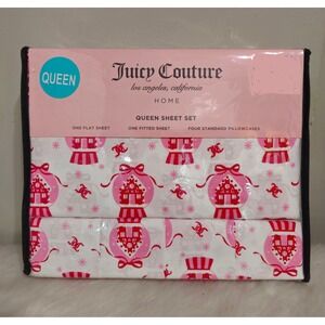 Juicy Couture Queen Sheet Set Christmas Snow Globe Pink White Red Bedding NWT